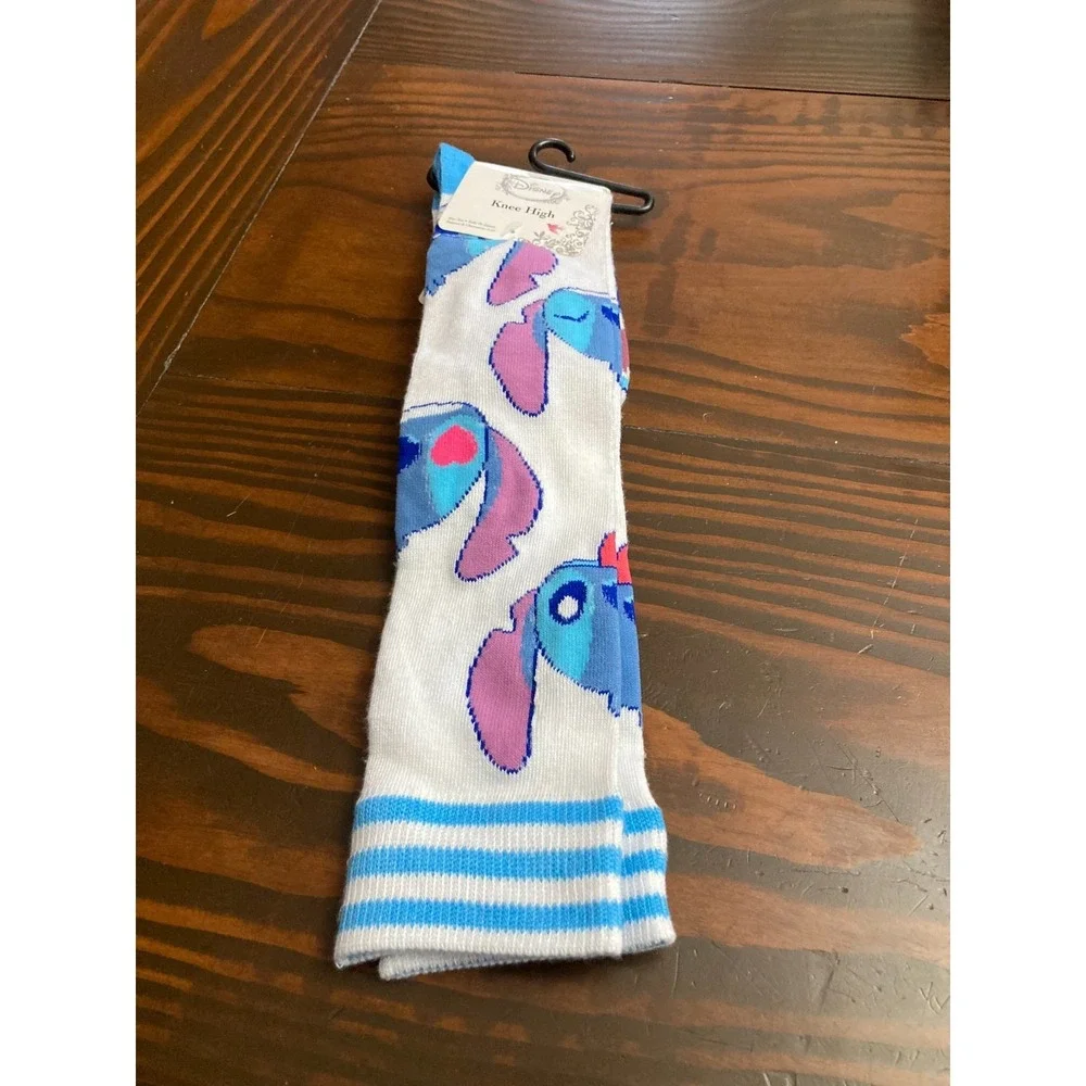 Disney Knee High Stitch Socks Cartoon Novelty White Blue NWT Shoe Size 4-10 Girl